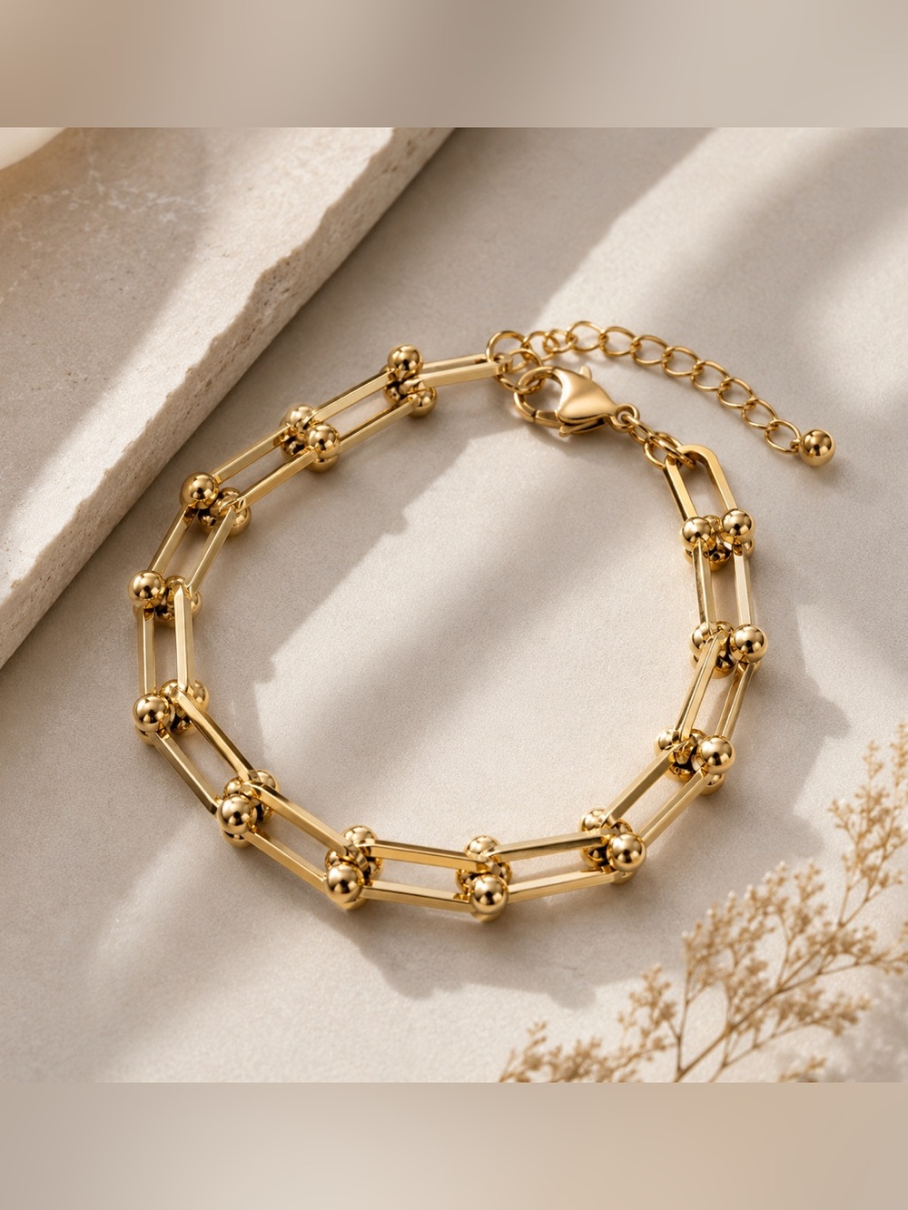 Gold Plated Double-Link Beaded Chain Bracelet - Women Jewelry Stainless Steel
